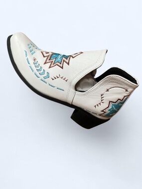White Embroidered Western Ankle Bootie with Teal & Brown Accents